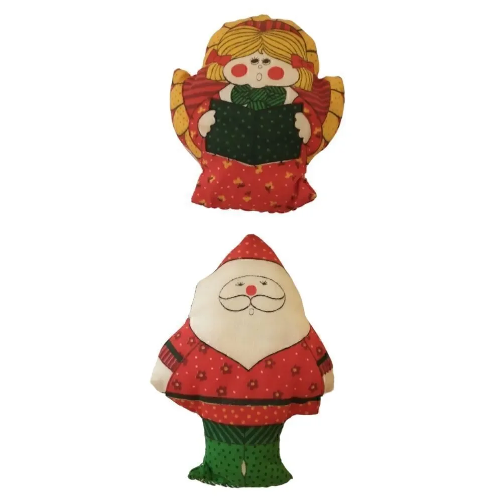 Vtg 80s Christmas Stuffed Ornament Lot‎ of 2 Fabric Handmade Angel Santa Claus.